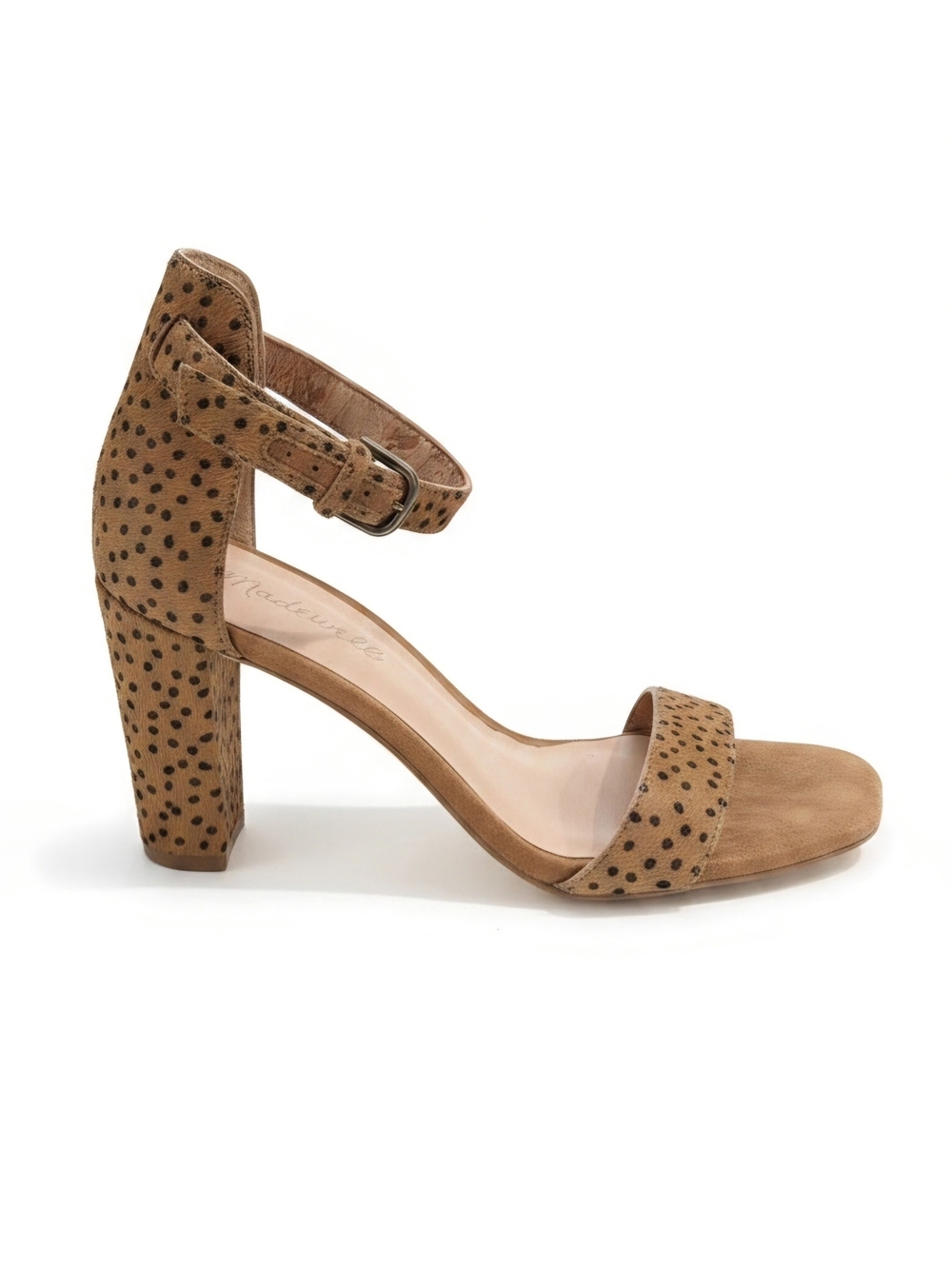 Madewell Ankle-Strap Block Heel Sandal - Tan Spot Print- Calf Hair- Size 7